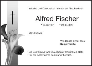 Traueranzeige von Alfred Fischer von Frankenpost