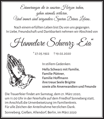 Traueranzeige von Hannelore Schwarz von Südthüringer Presse