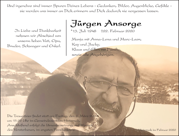 Traueranzeige von Jürgen Ansorg von Südthüringer Presse