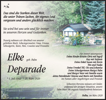 Traueranzeige von Elke Deparade von Südthüringer Presse