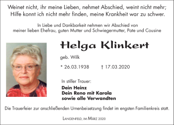 Traueranzeige von Helga Klinkert von Südthüringer Presse