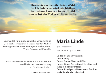 Traueranzeige von Maria Linde von Südthüringer Presse
