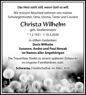 Traueranzeige von Christa Wilhelm von Südthüringer Presse