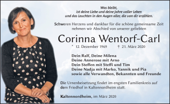 Traueranzeige von Corinna Wentorf-Carl von Südthüringer Presse