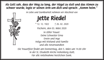 Traueranzeige von Jette Riedel von Frankenpost