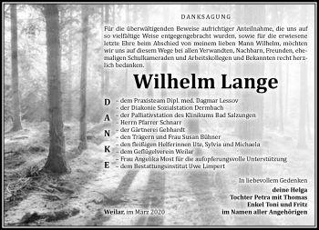 Traueranzeige von Wilhelm Lange von Südthüringer Presse
