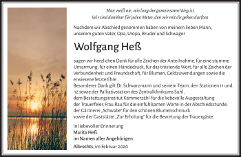 Traueranzeige von Wolfgang Heß von Südthüringer Presse