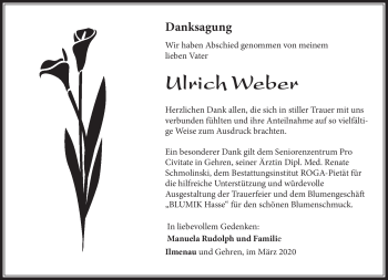 Traueranzeige von Ulrich Weber von Südthüringer Presse