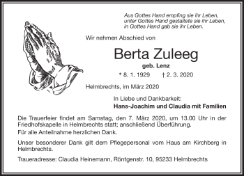 Traueranzeige von Berta Zuleeg von Frankenpost