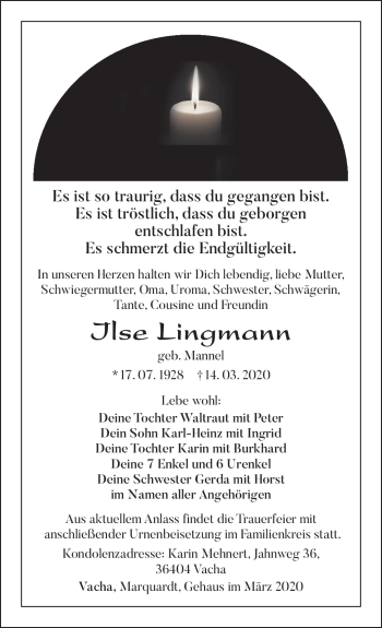 Traueranzeige von Ilse Lingmann von Südthüringer Presse
