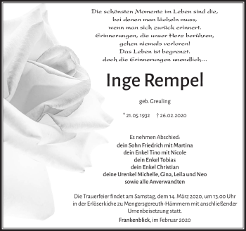 Traueranzeige von Inge Rebhan von Südthüringer Presse