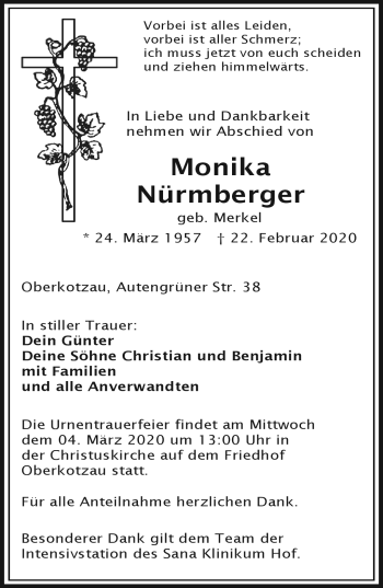 Traueranzeige von Monika Nürmberger von Frankenpost
