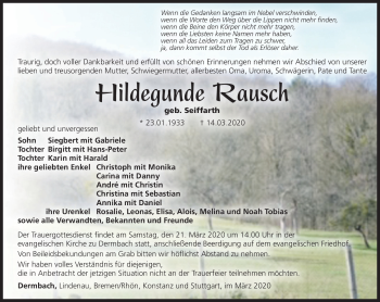 Traueranzeige von Hildegard Rausch von Südthüringer Presse