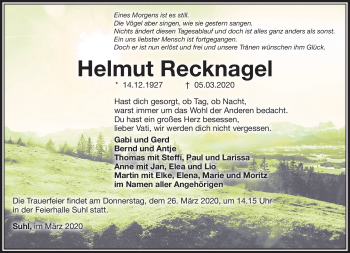 Traueranzeige von Helmut Recknagel von Südthüringer Presse