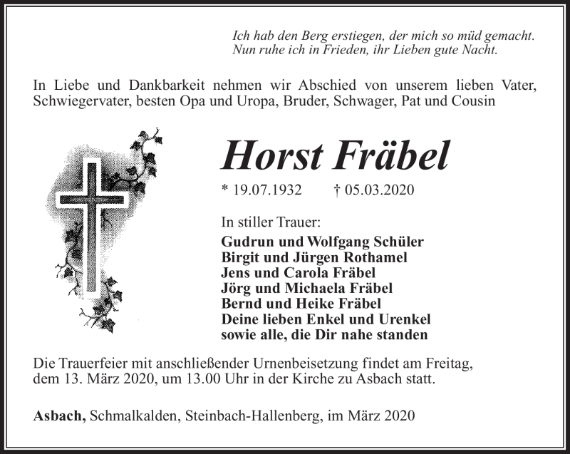  Traueranzeige für Horst Fräbel vom 11.03.2020 aus Südthüringer Presse