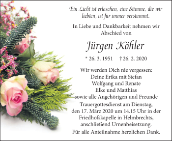 Traueranzeige von Jürgen Köhler von Frankenpost
