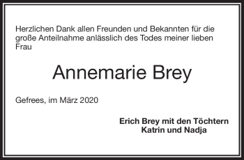 Traueranzeige von Annemarie Brey von Frankenpost