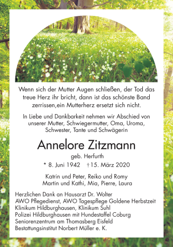 Traueranzeige von Annelore Zitzmann von Südthüringer Presse