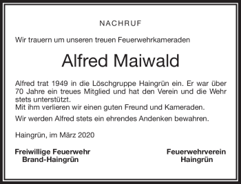 Traueranzeige von Alfred Maiwald von Frankenpost