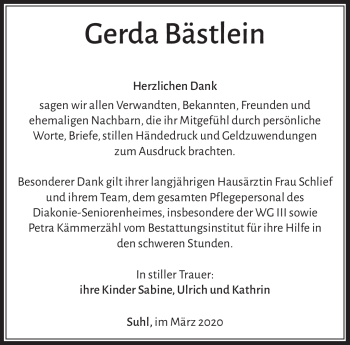 Traueranzeige von Gerda Bästlein von Südthüringer Presse