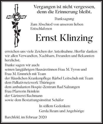 Traueranzeige von Ernst Klinzing von Südthüringer Presse