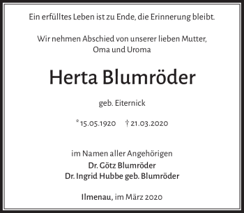 Traueranzeige von Herta Blumröder von Südthüringer Presse
