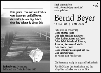 Traueranzeige von Bernd Beyer von Südthüringer Presse