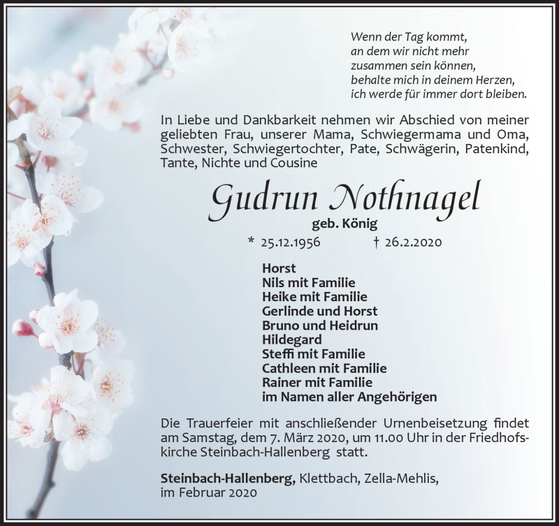  Traueranzeige für Gudrun Nothnagel vom 03.03.2020 aus Südthüringer Presse