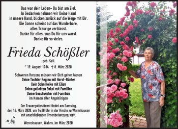 Traueranzeige von Frieda Schößler von Südthüringer Presse