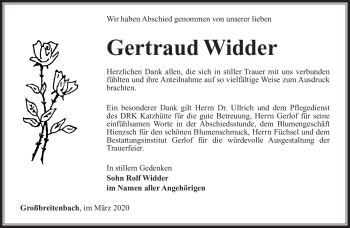 Traueranzeige von Gertraud Widder von Südthüringer Presse