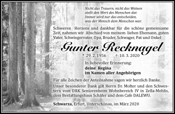 Traueranzeige von Gunter Recknagel von Südthüringer Presse