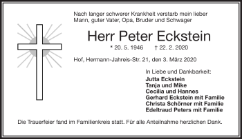 Traueranzeige von Peter Eckstein von Frankenpost