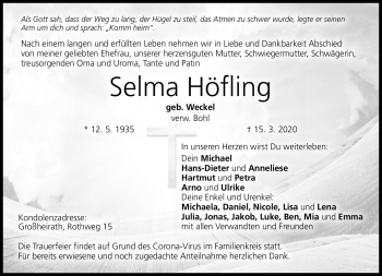 Traueranzeige von Selma Bohl von Neue Presse Coburg