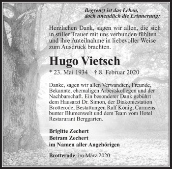 Traueranzeige von Hugo Vietsch von Südthüringer Presse