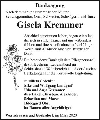 Traueranzeige von Gisela Kremmer von Südthüringer Presse