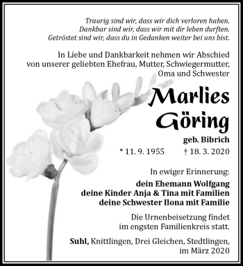 Traueranzeige von Marlies Göring von Südthüringer Presse