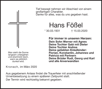 Traueranzeige von Hans Fößel von Neue Presse Coburg