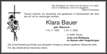 Traueranzeige von Klara Bauer von Frankenpost