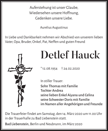 Traueranzeige von Detlef Hauck von Südthüringer Presse