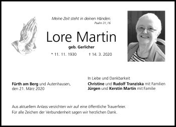 Traueranzeige von Lore Martin von Neue Presse Coburg
