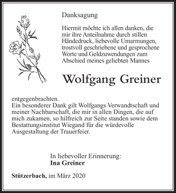 Traueranzeige von Wolgang Greiner von Südthüringer Presse