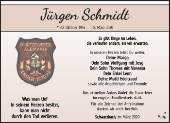 Traueranzeige von Jürgen Schmidt von Südthüringer Presse