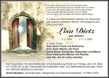 Traueranzeige von Lisa Dietz von Südthüringer Presse