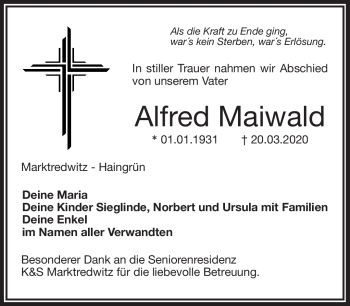 Traueranzeige von Alfred Maiwald von Frankenpost