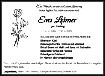 Traueranzeige von Eva Leimer von Südthüringer Presse