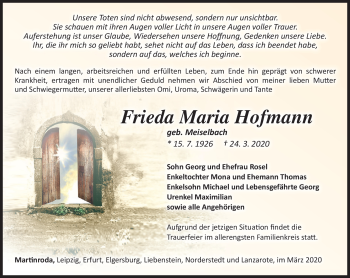Traueranzeige von Frieda Hofmann von Südthüringer Presse