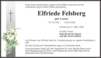 Traueranzeige von Elfriede Felsberg von Neue Presse Coburg