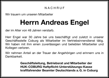 Traueranzeige von Andreas Engel von Neue Presse Coburg