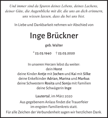 Traueranzeige von Inge Brückner von Neue Presse Coburg