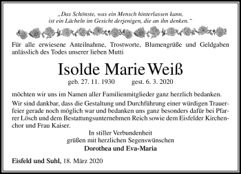 Traueranzeige von Isolde Weiß von Südthüringer Presse